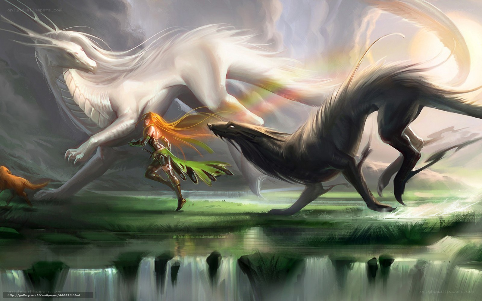 Warrior with dragons in a fantasy landscape