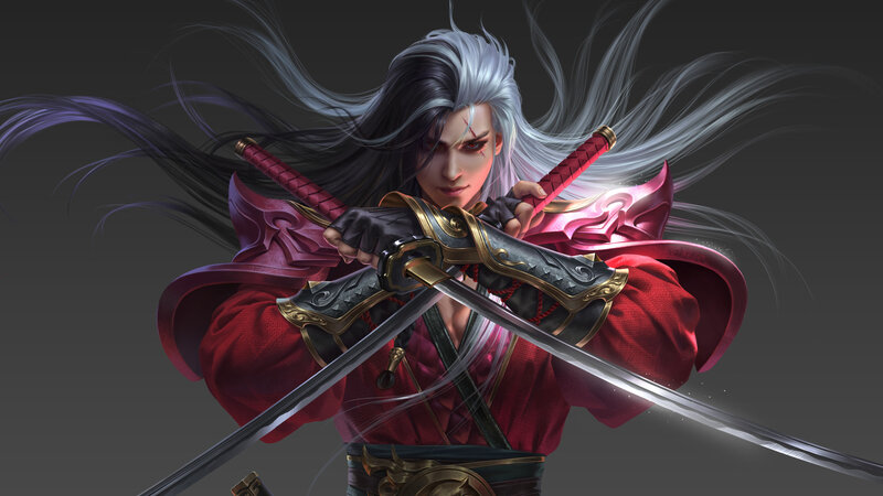 Warrior with Dual Swords — Red, Dramatic