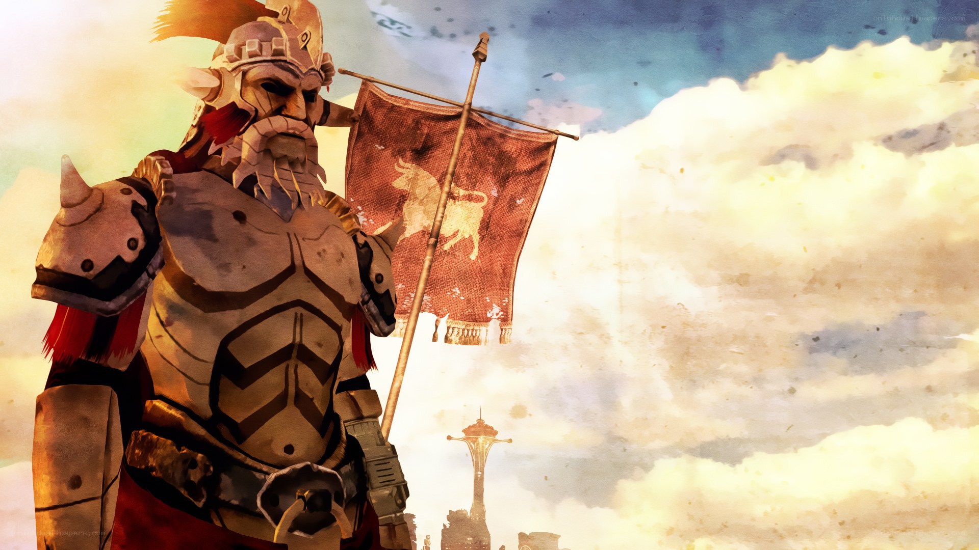 warrior with flag and city