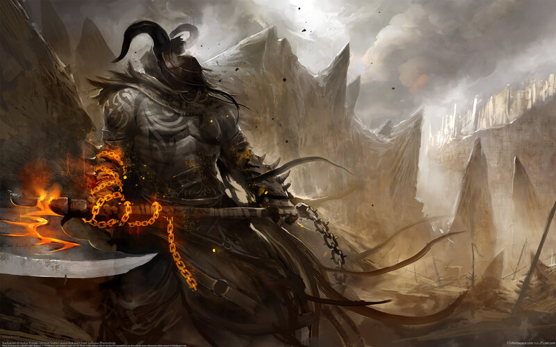 Warrior with Flaming Axe — Brown, Dramatic, Digital Art