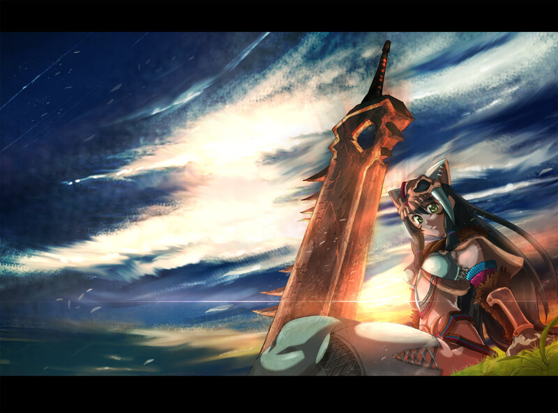 warrior with giant sword at sunset