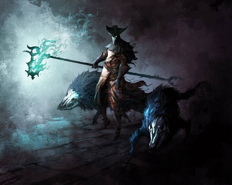 Warrior with glowing staff and spectral hounds