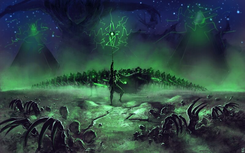 Warrior with Glowing Staff — Green, Dramatic, Night, Digital Art