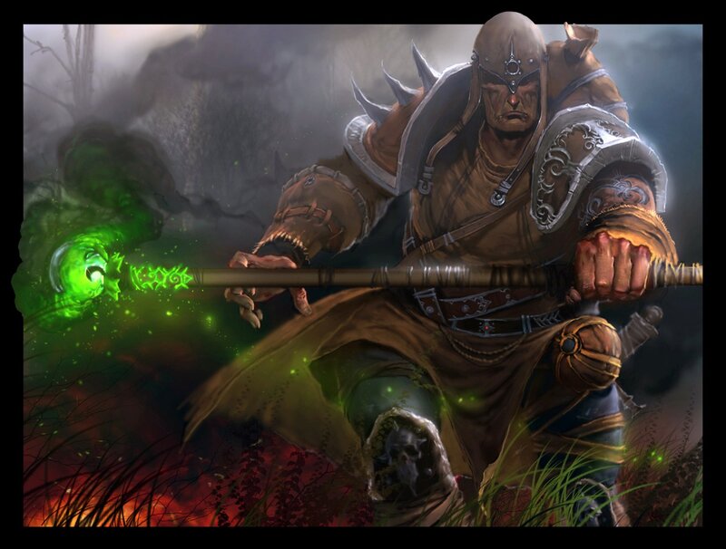Warrior with Glowing Staff — Green, Dramatic, Night