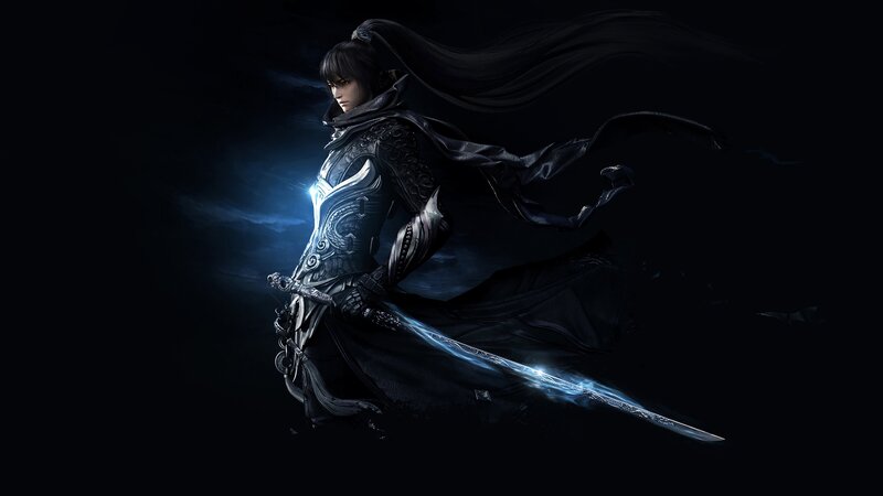 Warrior with Glowing Sword — Black, Dramatic, Night, Digital Art, Armor