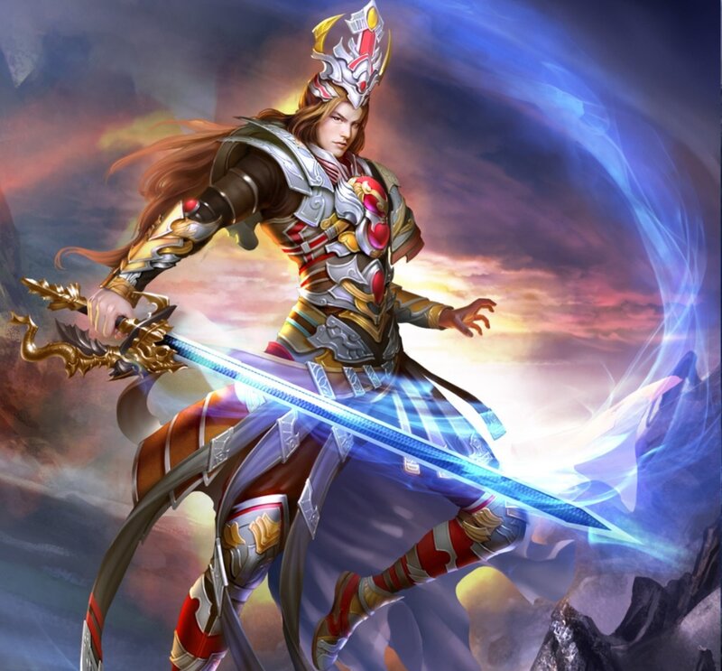 Warrior with Glowing Sword — Blue, Dramatic, Sunset