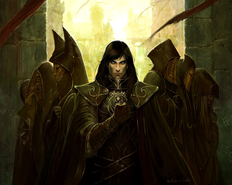 Warrior with hooded figures