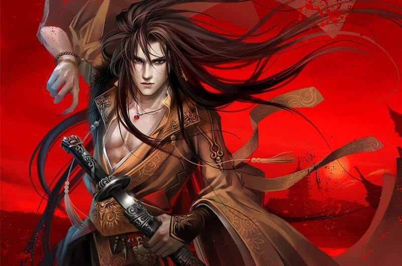 warrior with long hair and sword
