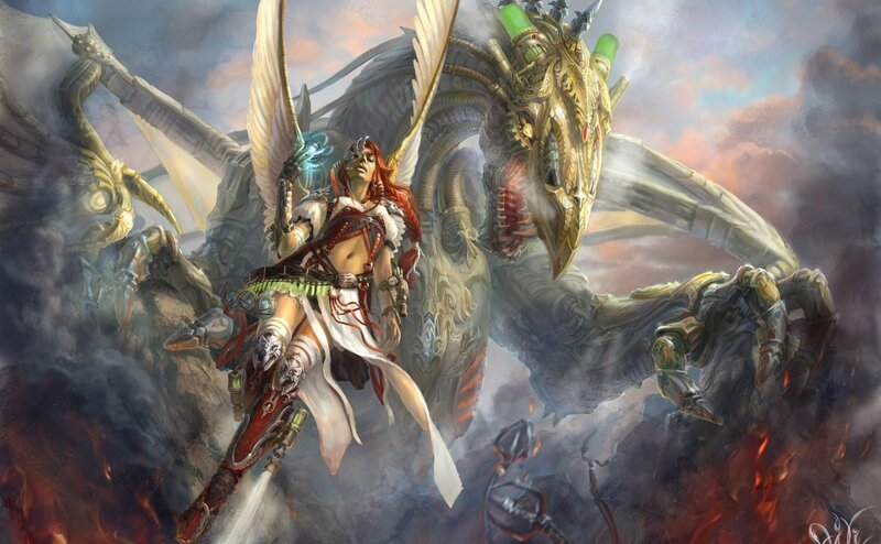 Warrior with mechanical dragon