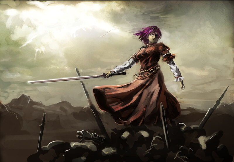Warrior with purple hair stands victorious