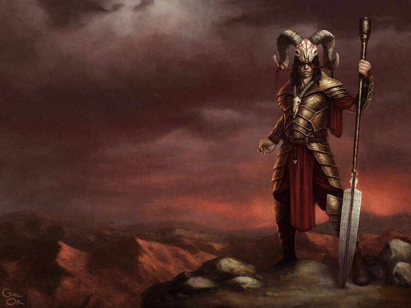 Warrior with ram skull helmet