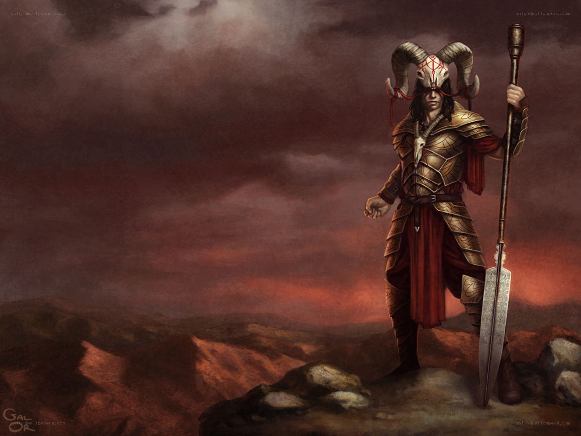 Warrior with ram skull helmet