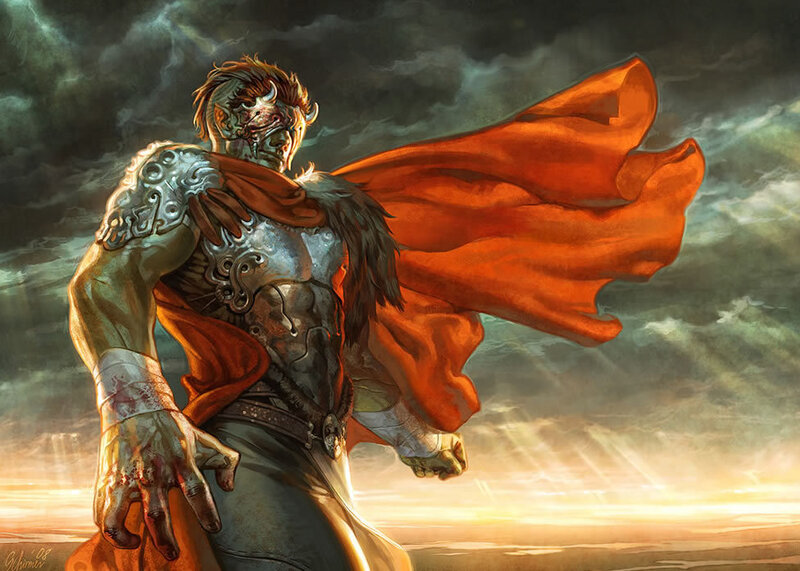 warrior with red cape at sunset