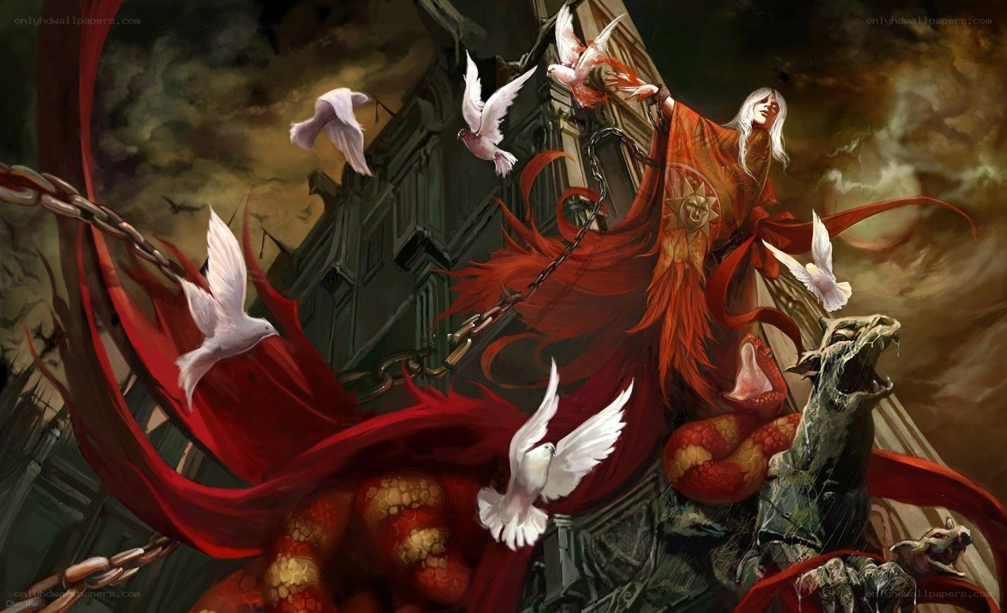 Warrior with red cloak and doves