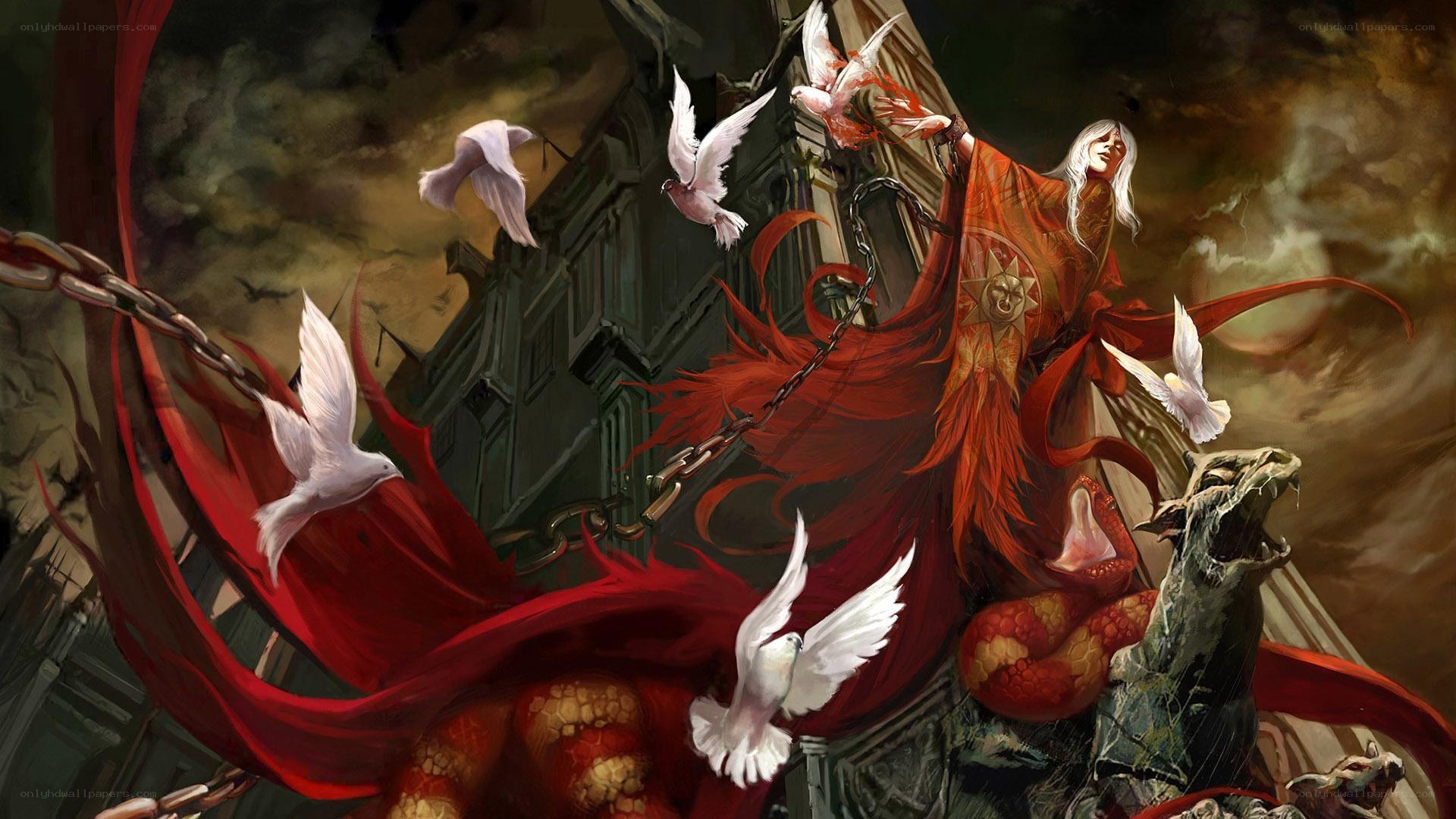 Warrior with red cloak and doves