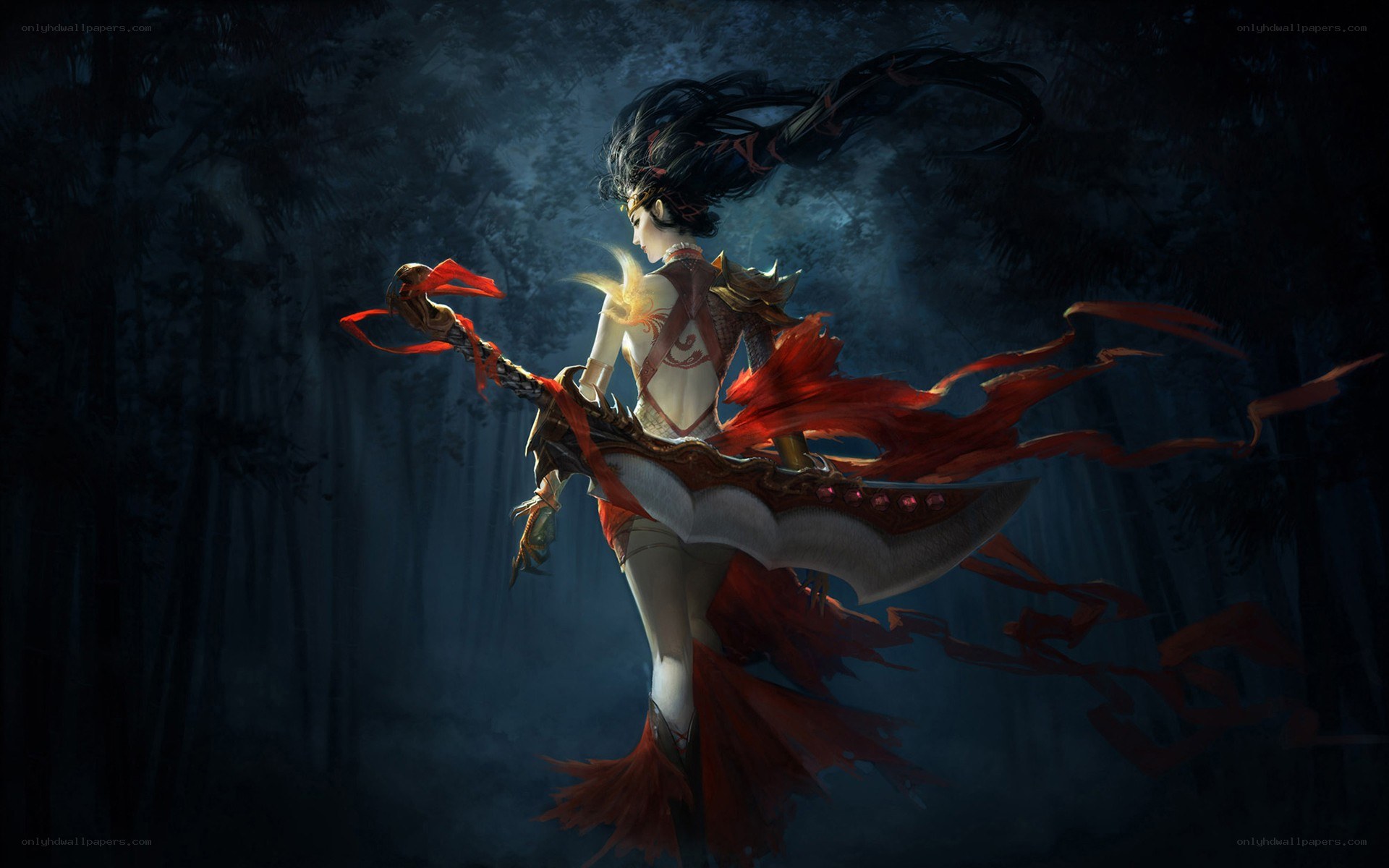 Warrior with red ribbons in forest