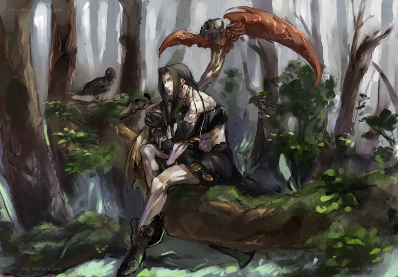 Warrior with scythe in forest