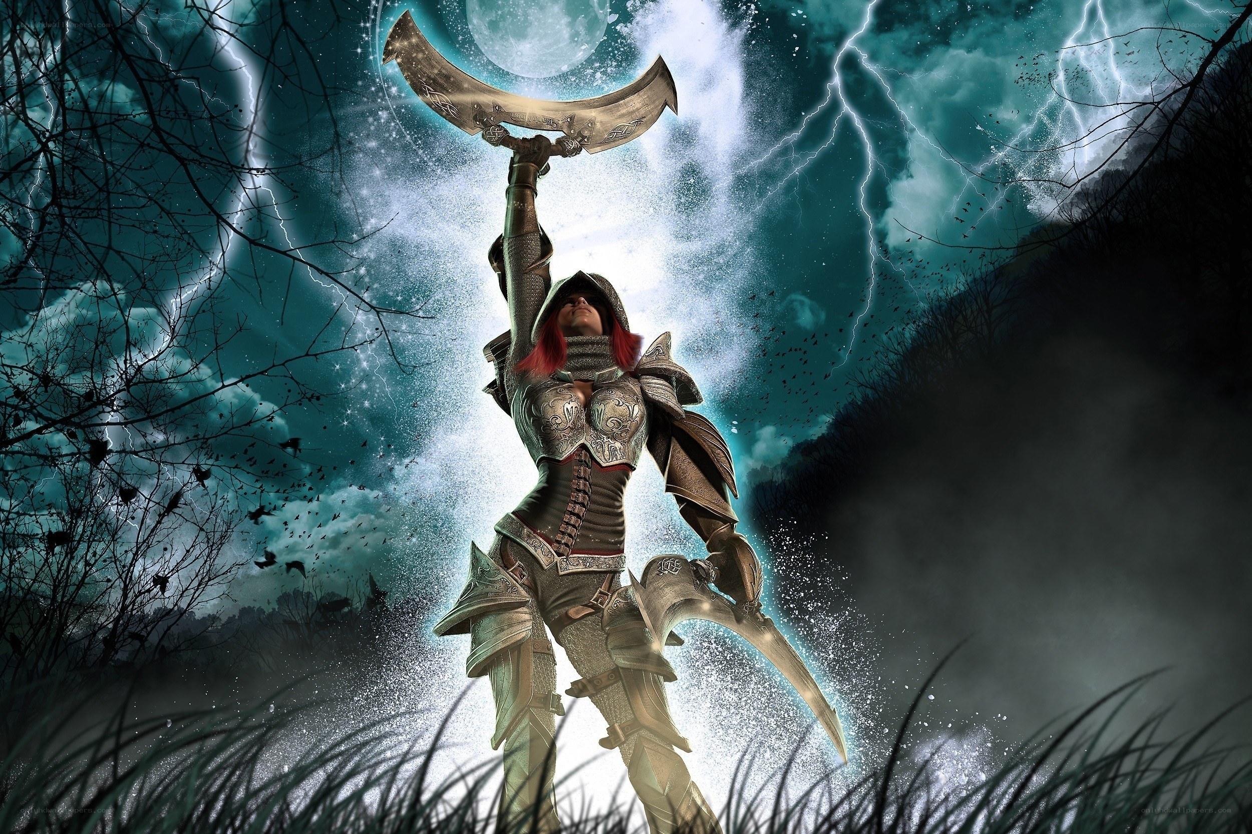 Warrior with scythe in storm