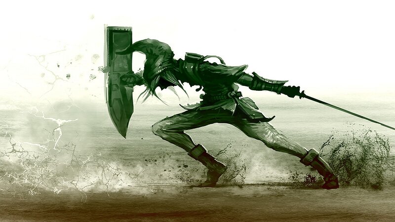 Warrior with Shield and Sword — Green, Dramatic, Digital Art