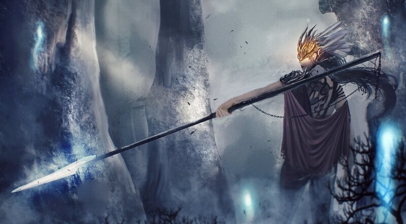 Warrior with Spear — Blue, Dramatic, Digital Art