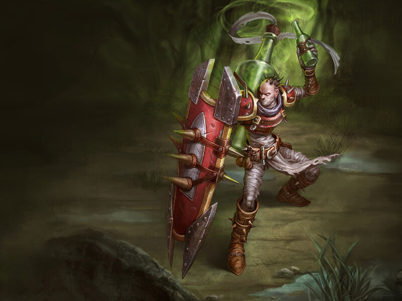 Warrior with Spiked Shield — Green, Dramatic