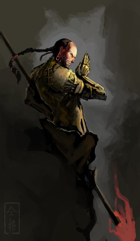 warrior with staff in dark setting