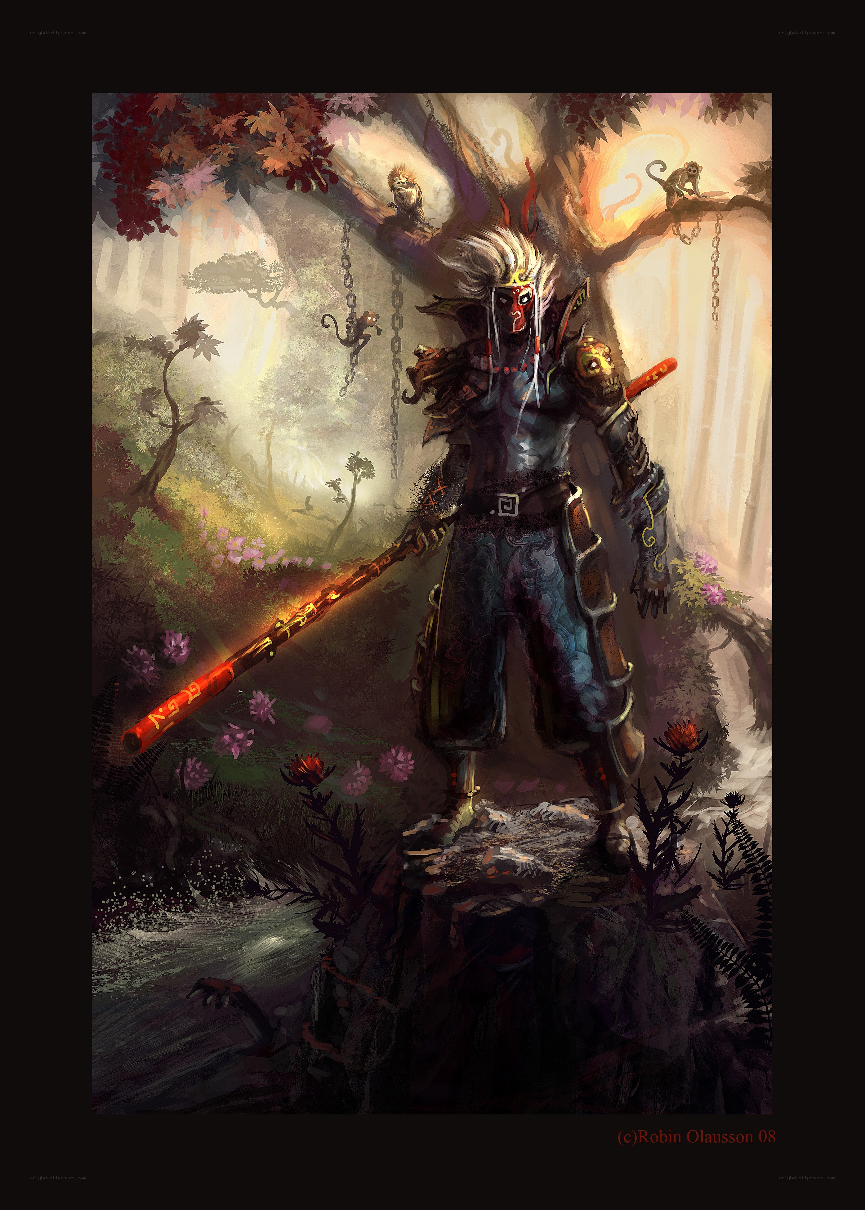 warrior with staff in forest