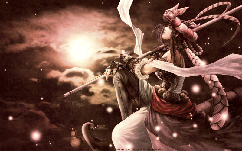 warrior with staff in night sky