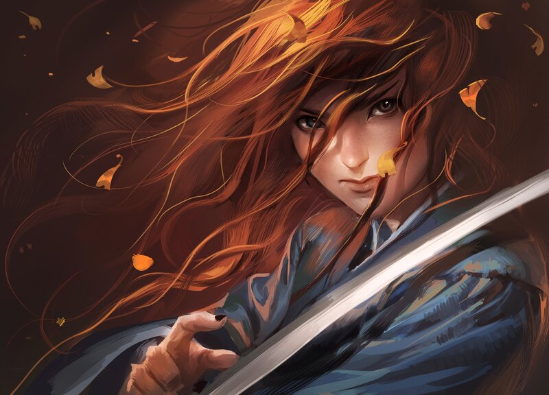 Warrior with sword and autumn leaves