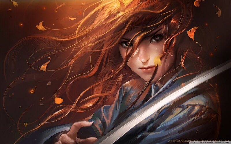 warrior with sword and autumn leaves