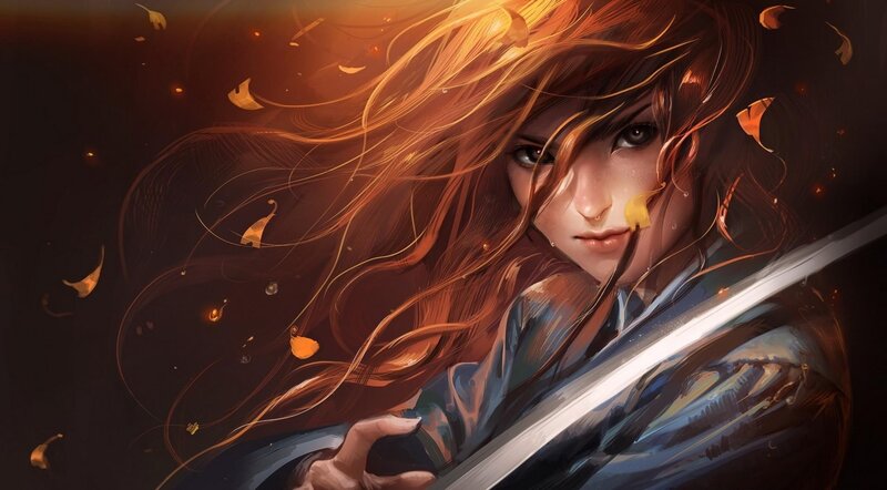 warrior with sword and autumn leaves