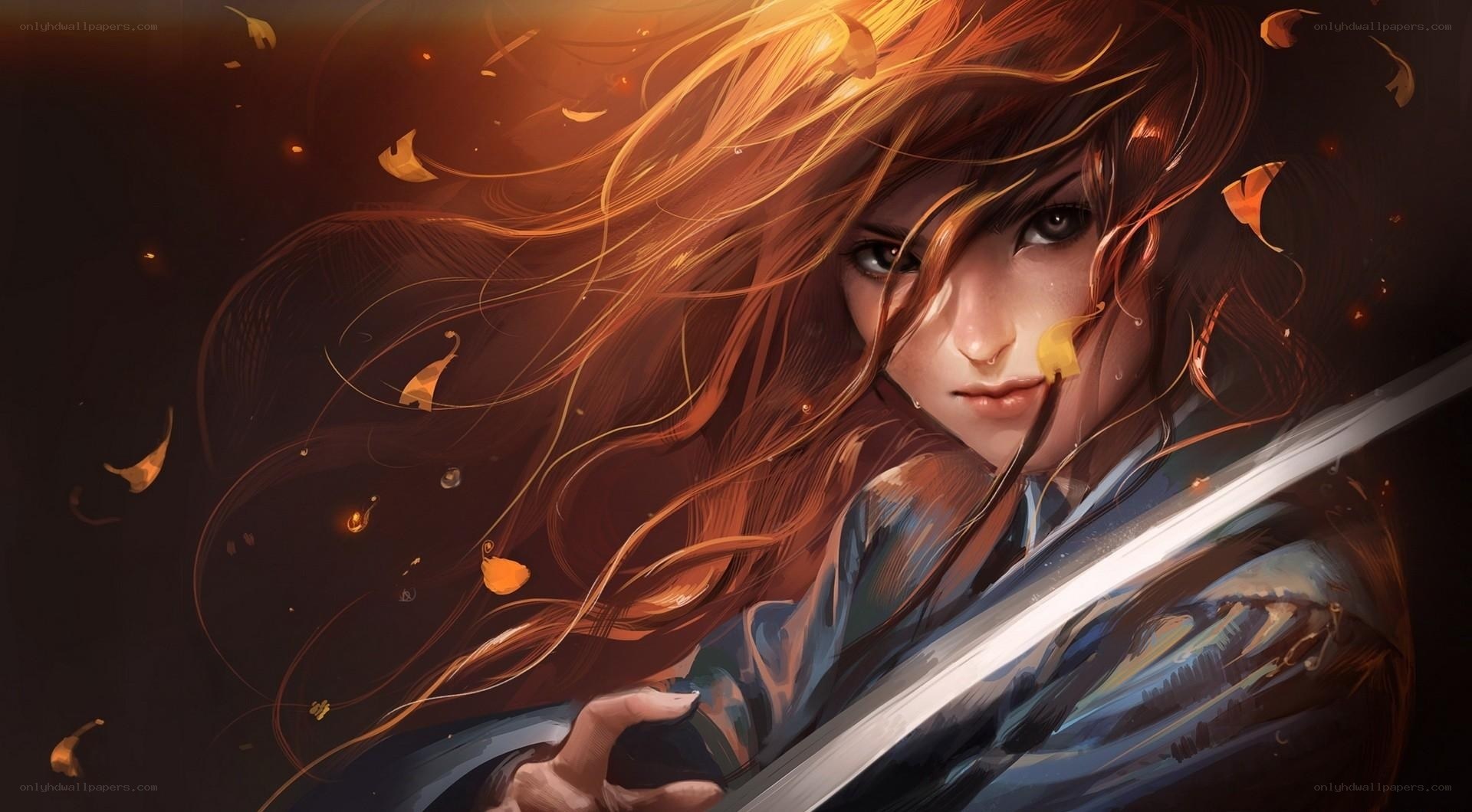 warrior with sword and autumn leaves