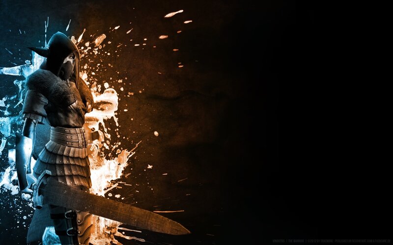 Warrior with Sword — Black, Dramatic, Digital Art, Armor, Splashes, Brown