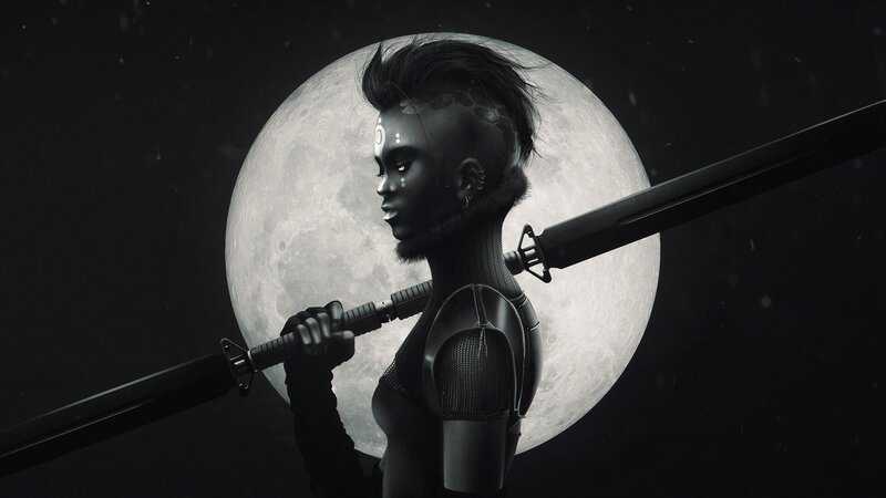 Warrior with Sword — Black, Dramatic, Night
