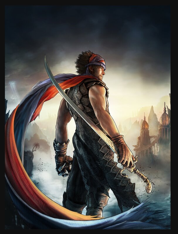 warrior with sword in fantasy landscape