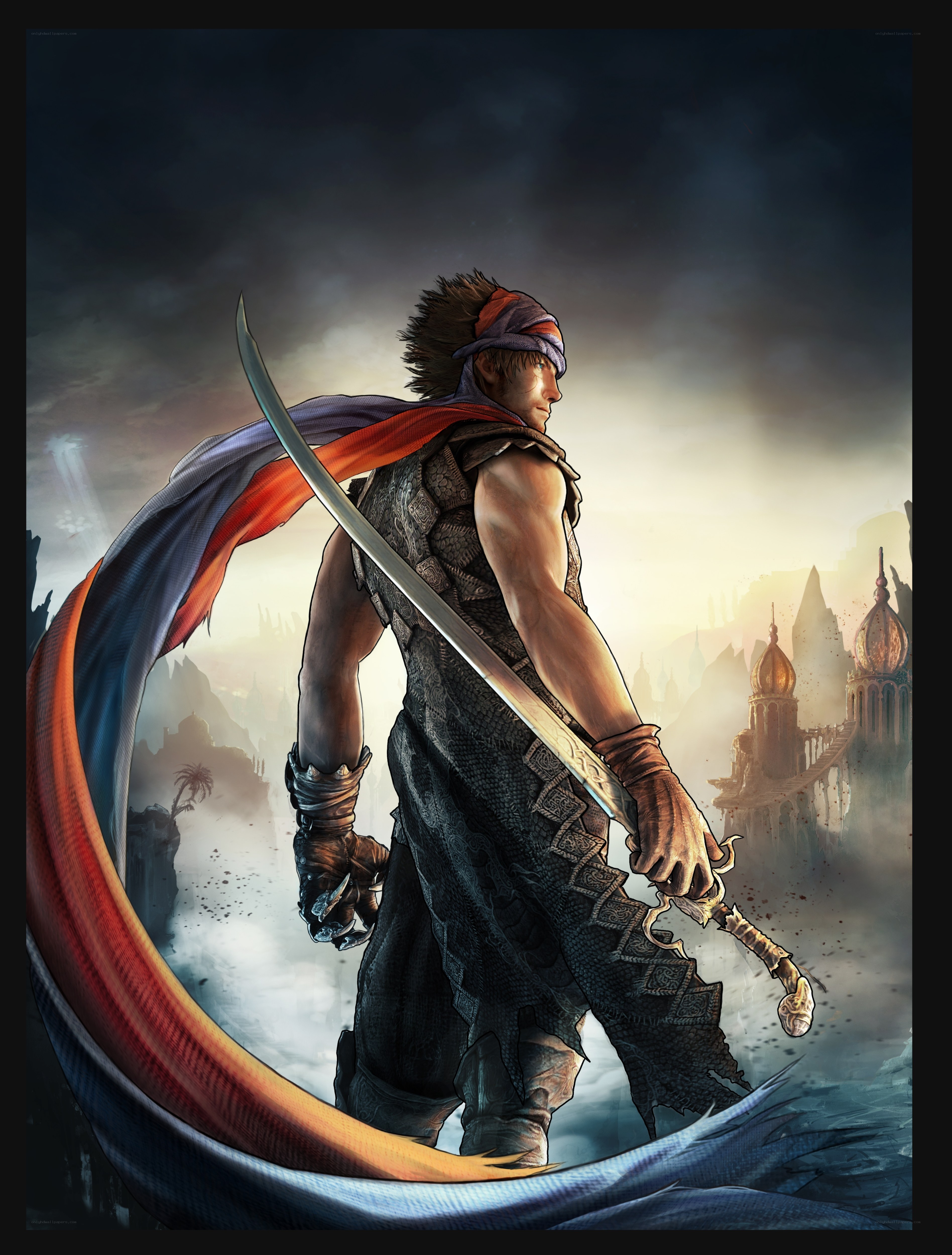 warrior with sword in fantasy landscape