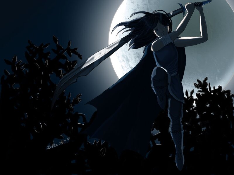 warrior with sword in moonlight