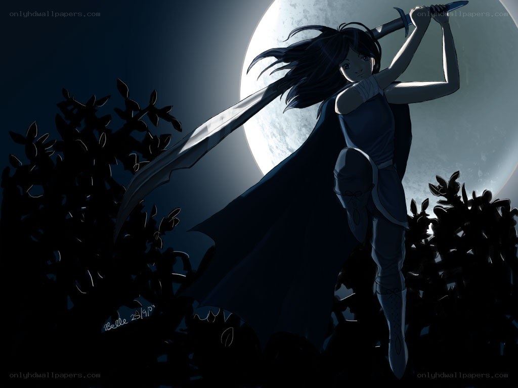 warrior with sword in moonlight