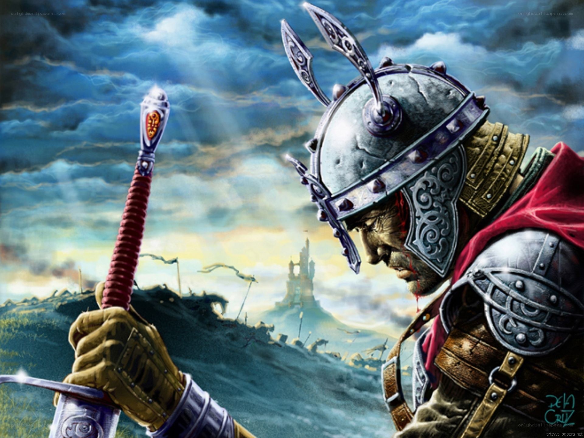 Warrior with sword on battlefield