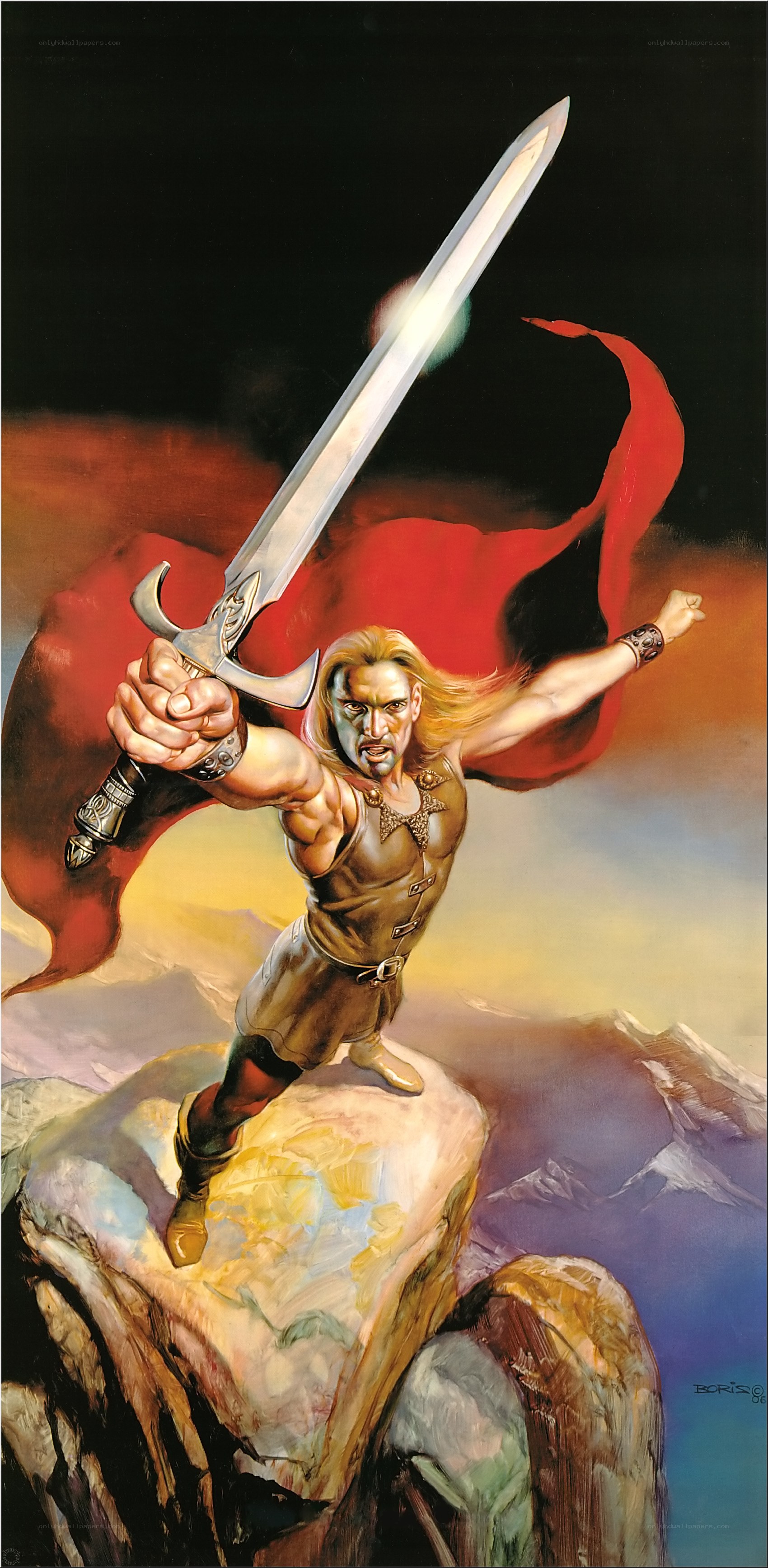Warrior with sword on mountain