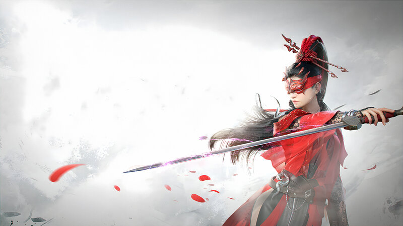 Warrior with Sword — Red, Dramatic, Digital Art, Mask