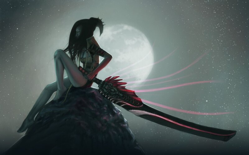 warrior with sword under moon