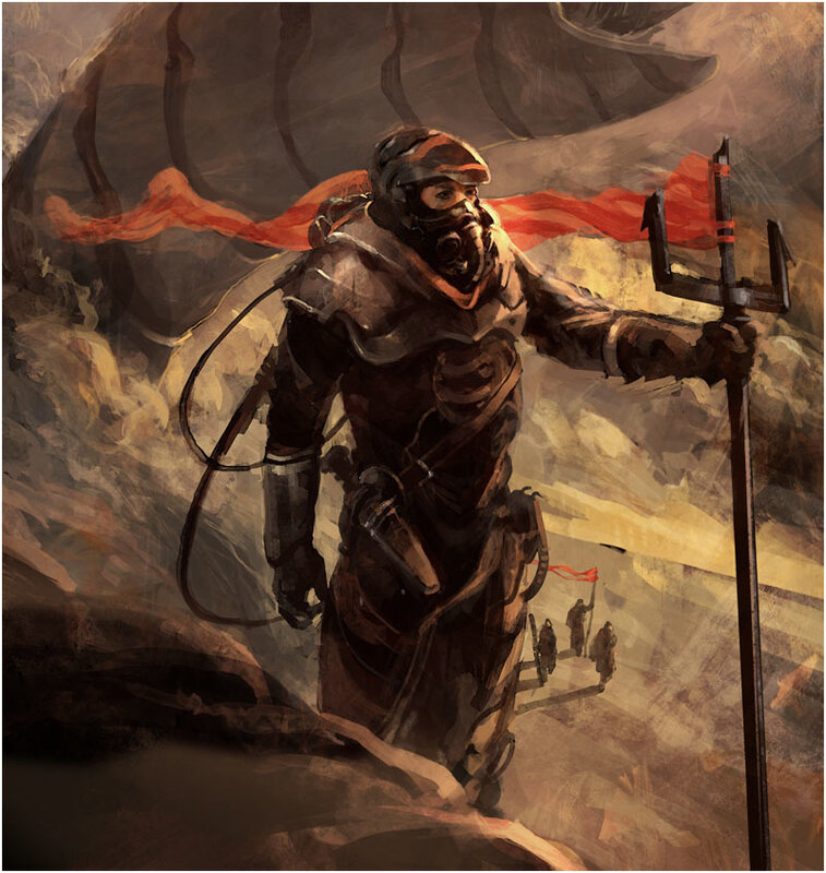 Warrior with trident in desolate land