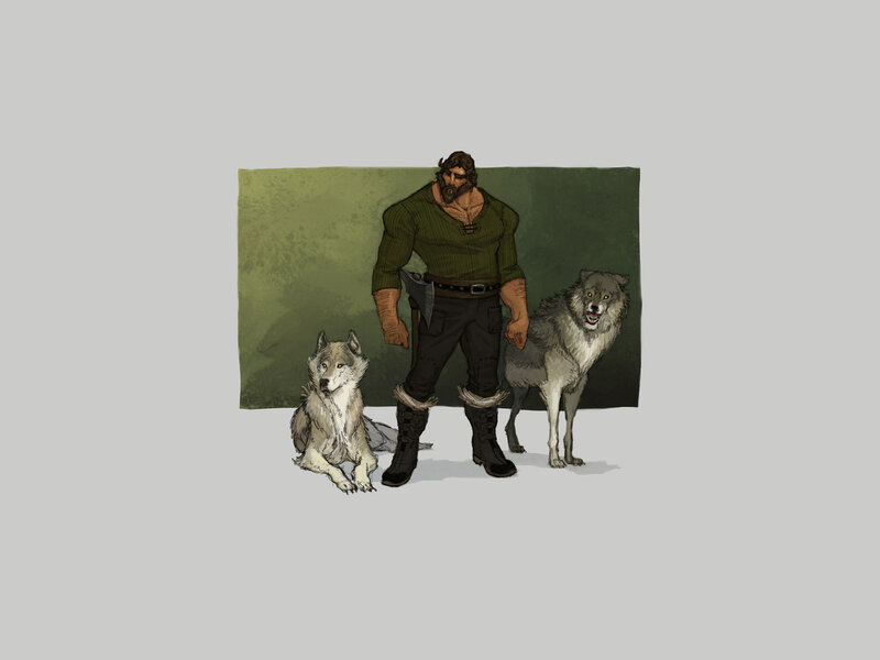 warrior with two wolves