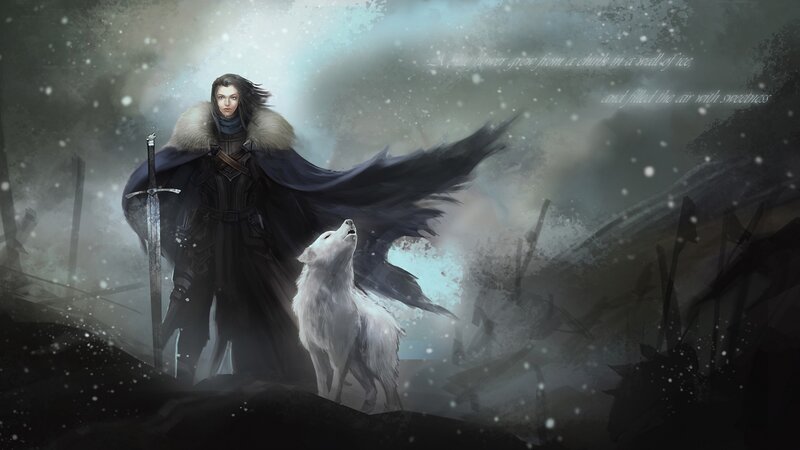 Warrior with White Wolf — Black, Dramatic