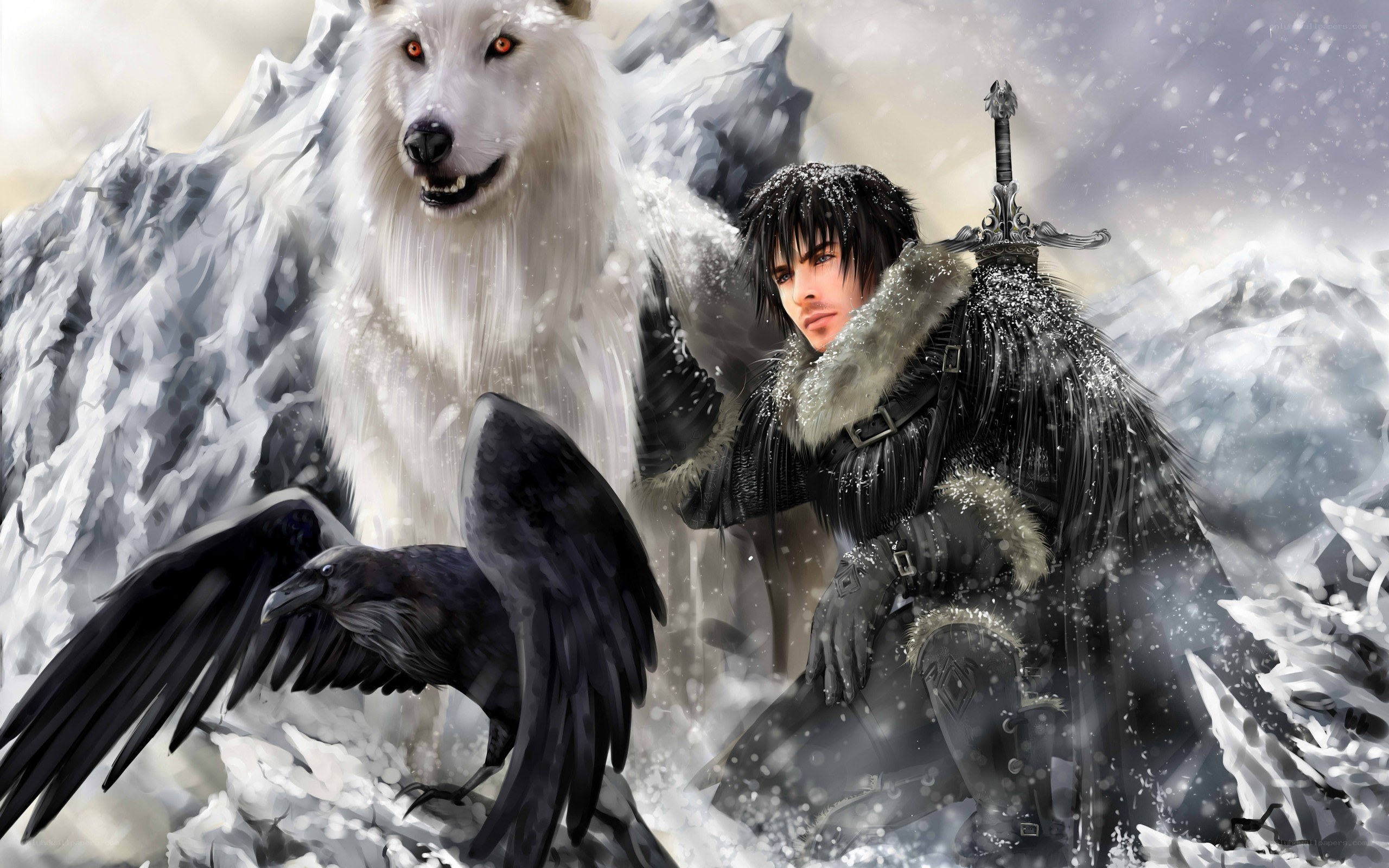 warrior with wolf and raven