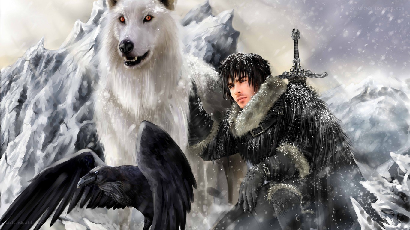 warrior with wolf and raven