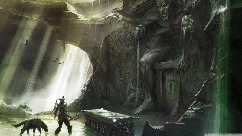 Warrior with Wolf in Cave