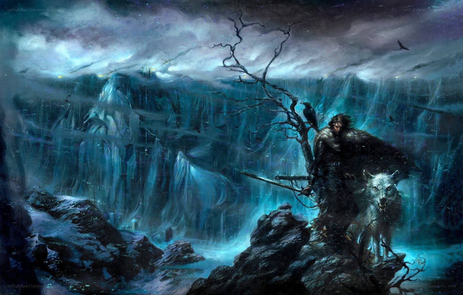 Warrior with wolf in icy landscape