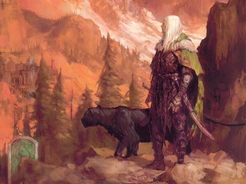Warrior with wolf in mountain pass